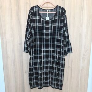 NWT NY Collection‎ Plaid Knit Dress Black 2X Preppy Chic